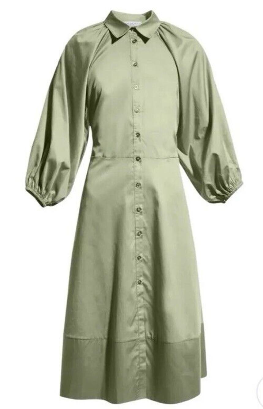 Harshman Womens Muriel Match Green Cotton Shirt Dress 3/4 Sleeve NWT $229 New L